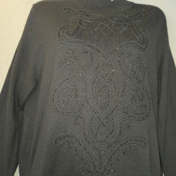 Koret Womens Large Black Sweater Embroidered Floral Beaded Knit Career Neutral - Picture 4 of 9